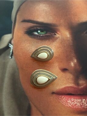 Trifari Gold and Cream Teardrop Earrings